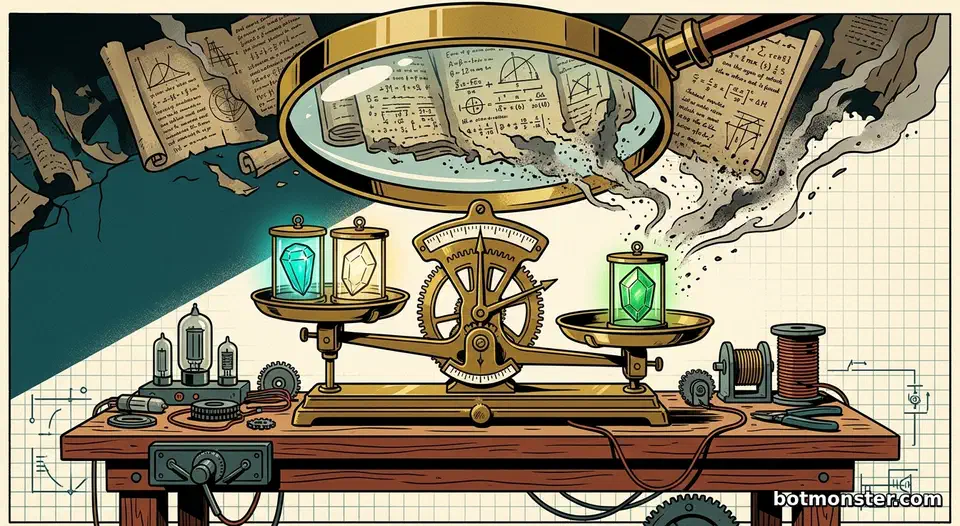 Brass balance weighing three glowing runtime gemstones on one workbench while a magnifying glass reveals old benchmark scrolls crumbling into ash