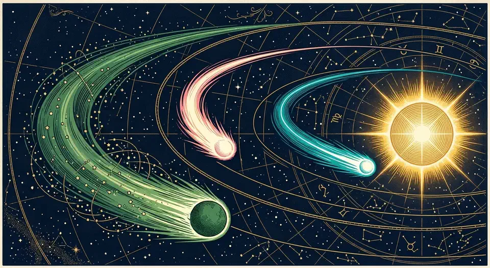 Three comets with teal, cream-pink, and green tails race along orbital arcs toward a glowing sun on an antique star chart