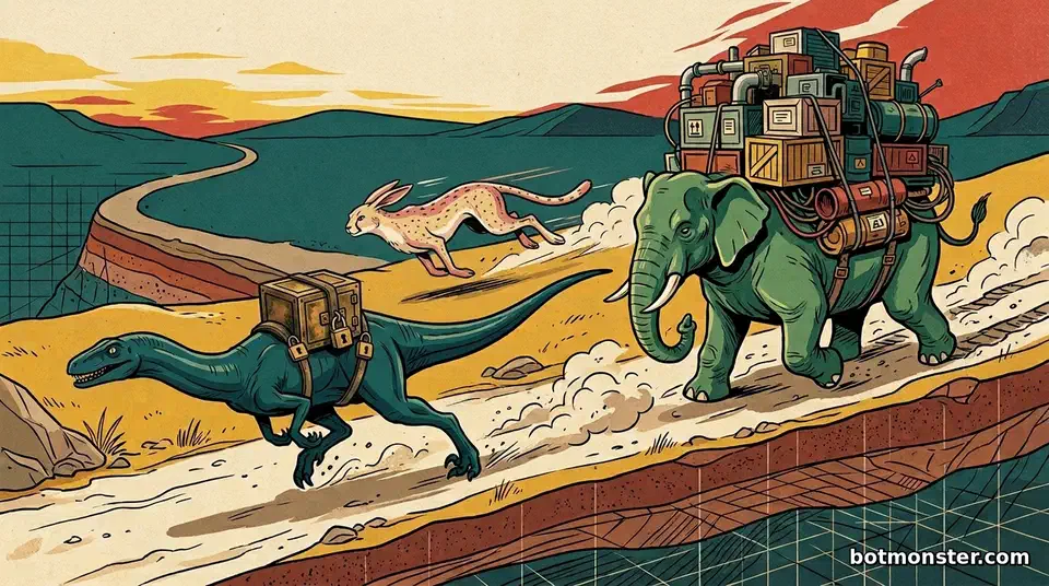 Editorial illustration of three creatures racing across a plain: a teal raptor carrying a padlocked strongbox, a leaping cheetah-hare, and a green elephant hauling a huge stack of crates
