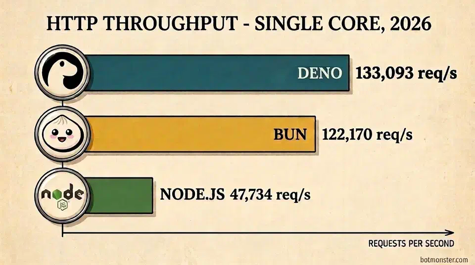 Horizontal bar chart of single-core HTTP throughput: Deno 133,093 req/s, Bun 122,170 req/s, Node.js 47,734 req/s, each bar marked with its runtime logo