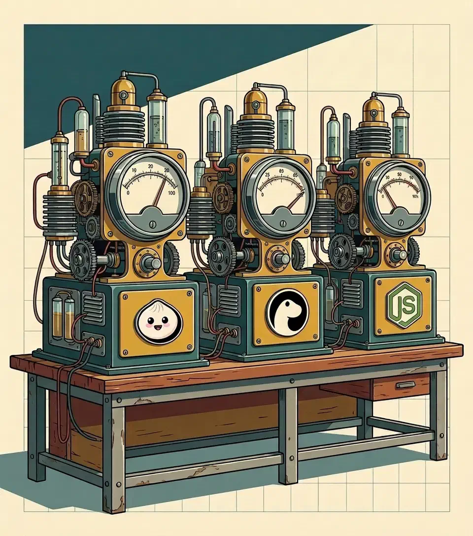 Bun, Deno, and Node.js logos as enamel badges on three brass dynamometer test rigs with analog gauges
