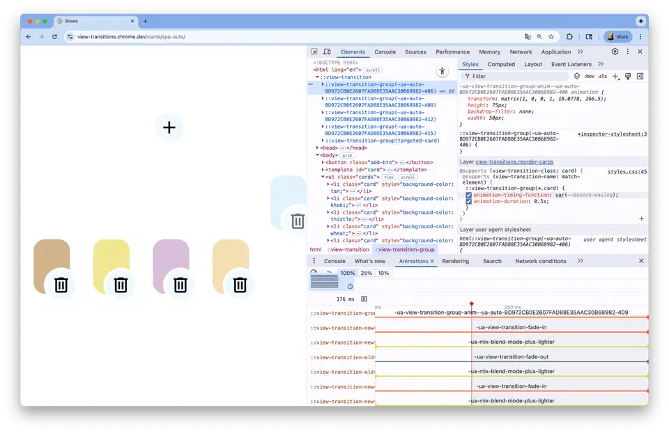 Chrome DevTools showing view-transition-group pseudo-elements and CSS rules for a cards demo with shared element transitions