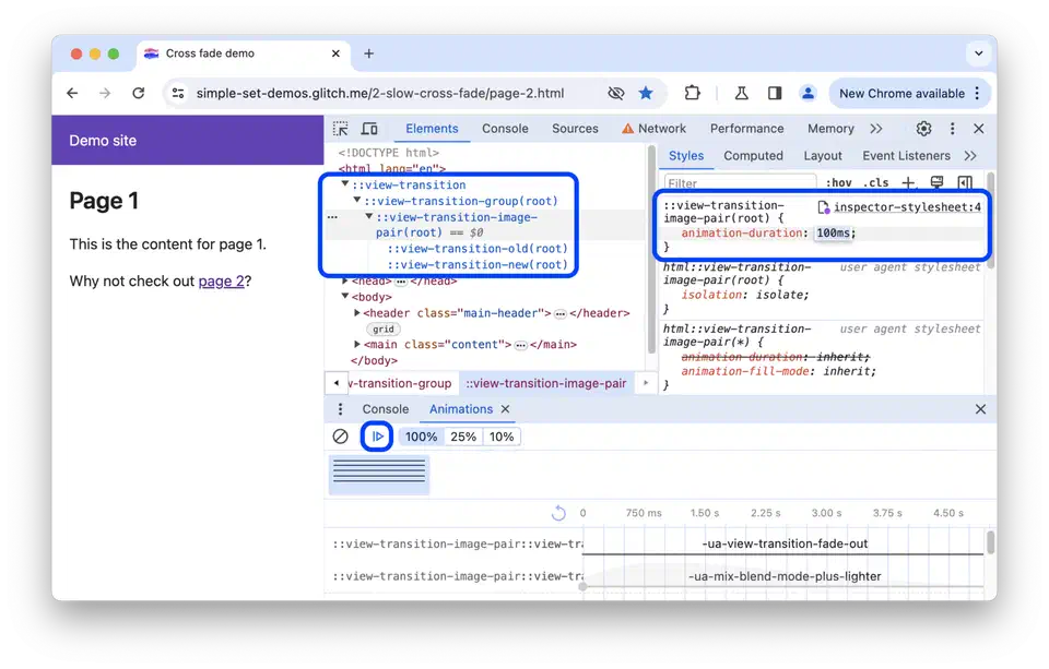 Chrome DevTools Elements panel displaying view-transition pseudo-elements in the DOM tree alongside the Styles pane for editing transition CSS properties