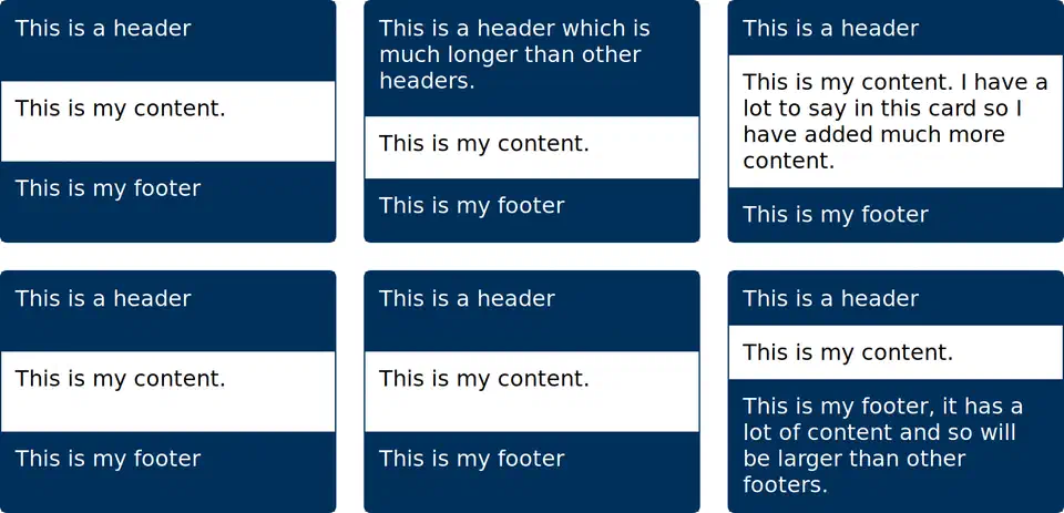 A row of three cards with misaligned headers and footers caused by different description lengths