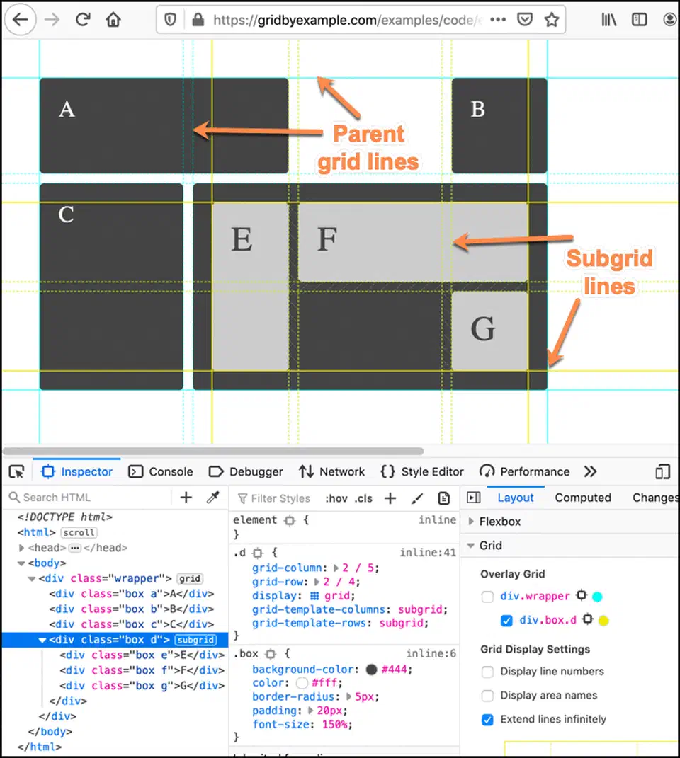 Firefox DevTools grid inspector showing a subgrid overlay with solid lines for the subgrid and translucent lines for the parent grid