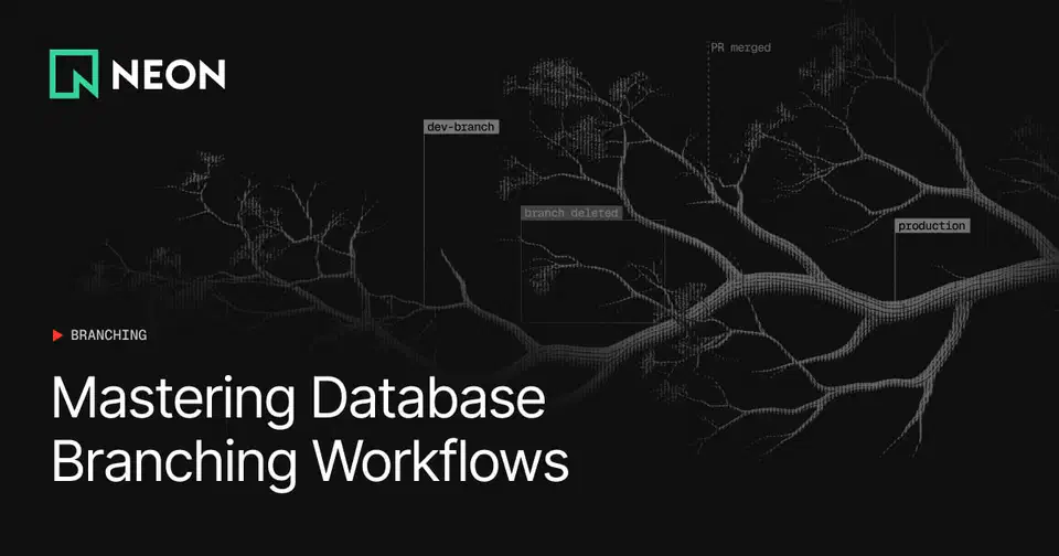 Neon database branching visualization showing branches for production, staging, feature, dev, and bugfix environments