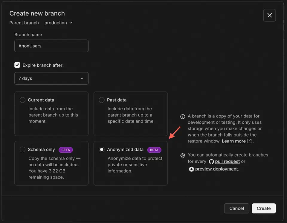 Neon create branch dialog showing anonymized data option selected, with settings for parent branch, branch name, and expiration