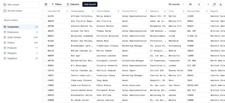 Drizzle Studio interface showing the table browser with rows, columns, and inline editing controls