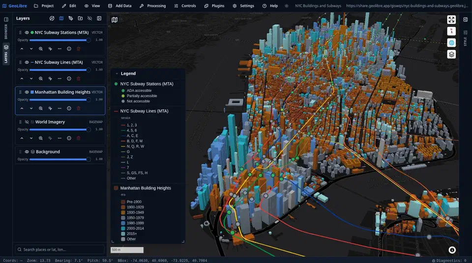 Manhattan building footprints extruded in 3D, coloured by construction era, with MTA subway lines and an auto-generated legend