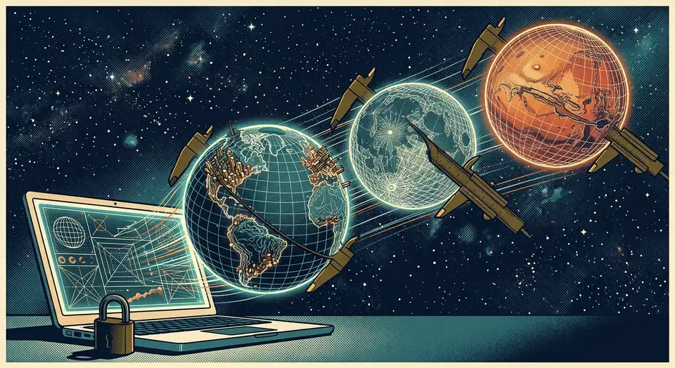 Wireframe globes of Earth, the Moon, and Mars rising from a laptop screen, each measured by brass calipers against a starfield