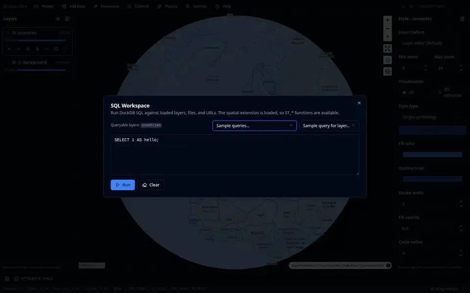 The SQL Workspace running DuckDB spatial SQL against loaded layers