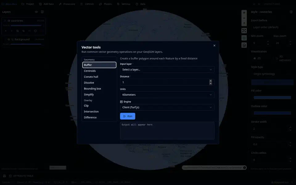 The Vector processing tools dialog with engine picker