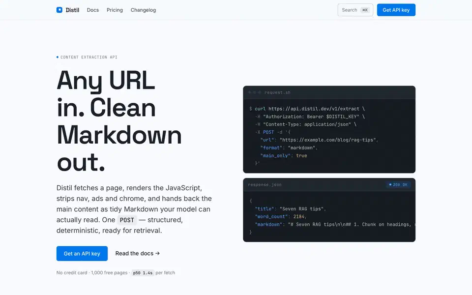 Landing page for a content extraction API with a large black headline reading Any URL in Clean Markdown out, a blue call-to-action button, and two dark code panels showing a curl request and a JSON response