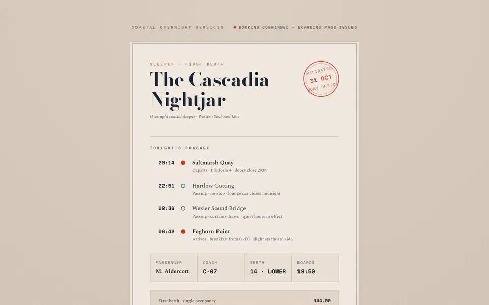 Sleeper train ticket page styled as a printed boarding pass, with a high-contrast serif title The Cascadia Nightjar, a red validation stamp, a timed list of station stops, and a passenger and berth detail table