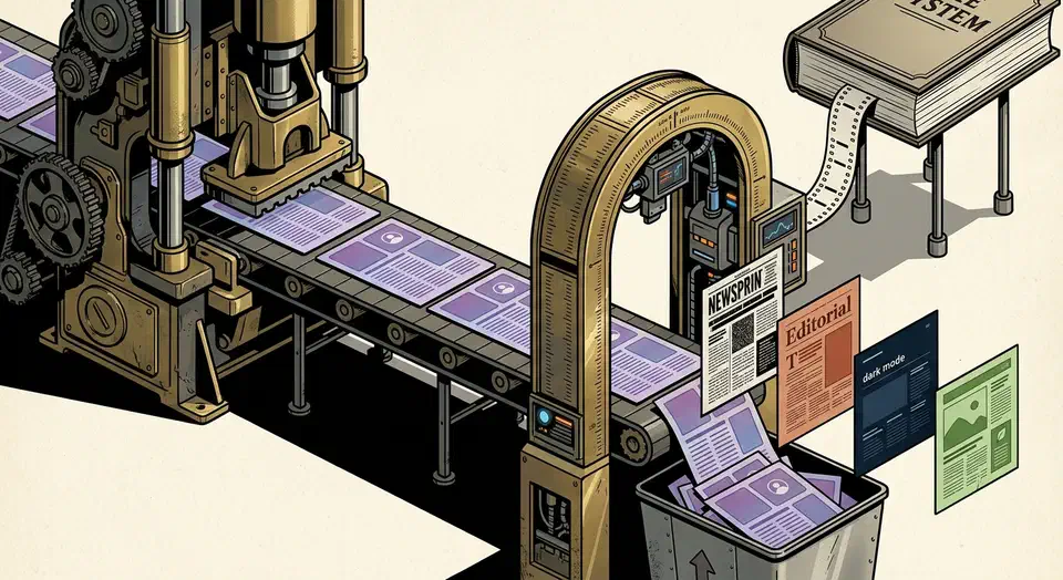 A stamping press producing identical purple gradient web pages while a rule-inscribed gate transforms a few into distinct newsprint, terracotta, midnight, and green designs