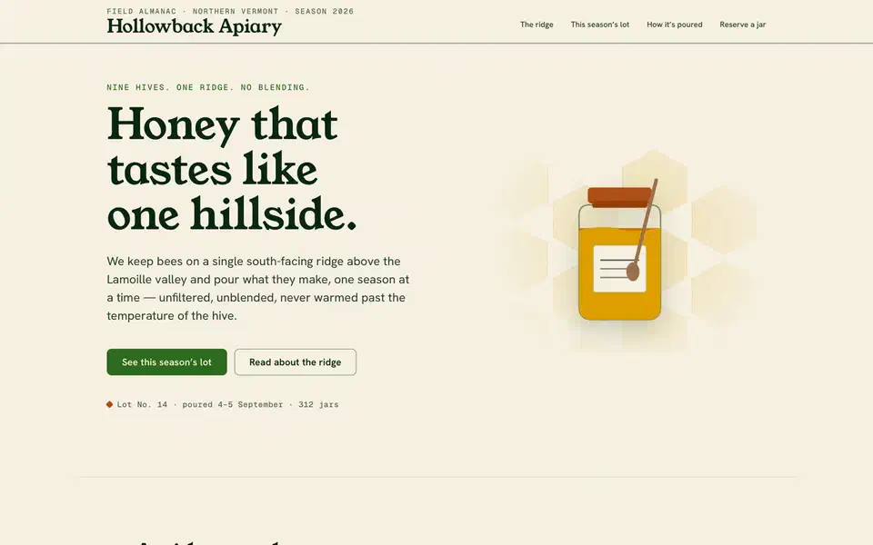 Honey farm page on a cream background with a dark green serif headline reading Honey that tastes like one hillside, a green button, and an illustrated jar of honey on faint hexagon shapes