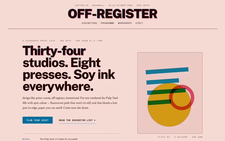 Print fair page on a pale pink background with a heavy centred wordmark, a bold headline reading Thirty-four studios Eight presses Soy ink everywhere, and an off-register block print of a yellow circle overlaid with teal and red shapes