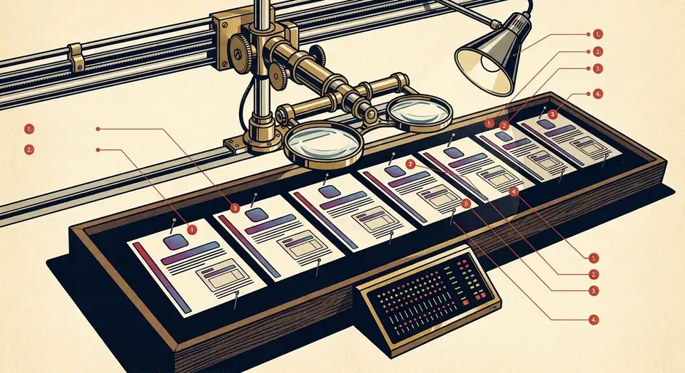 Brass magnifying inspection rig over a wooden tray of pinned web page cards, each showing the same gradient headline and rounded icon