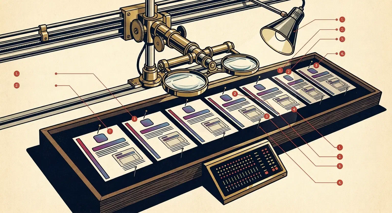 Brass magnifying inspection rig over a wooden tray of pinned web page cards, each showing the same gradient headline and rounded icon