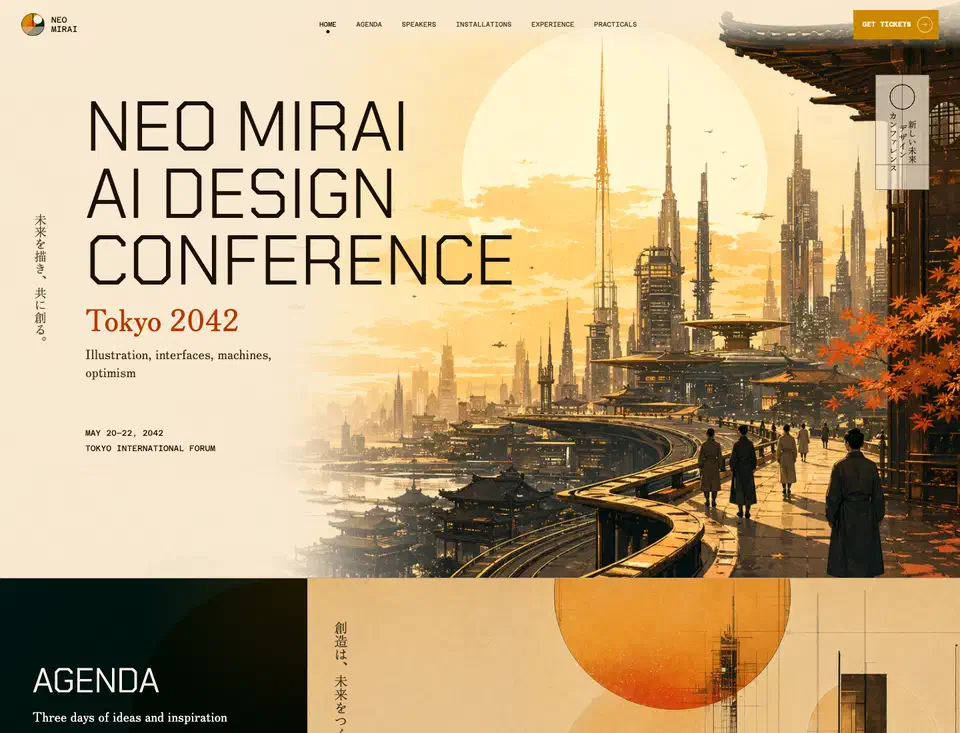 Neo Mirai conference landing page with a large outlined headline, a warm sepia illustration of a futuristic Tokyo skyline, and vertical Japanese text down the left margin
