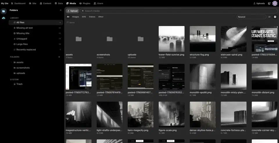 The Instatic media workspace, an OS-style file manager for every asset on the site