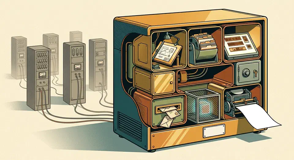 Cutaway server cabinet holding seven small workshops in one housing, a press feeding out a clean white page beside six dimmed rented towers