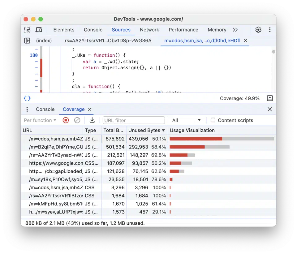Chrome DevTools Coverage panel listing JavaScript files with red bars indicating unused code lines