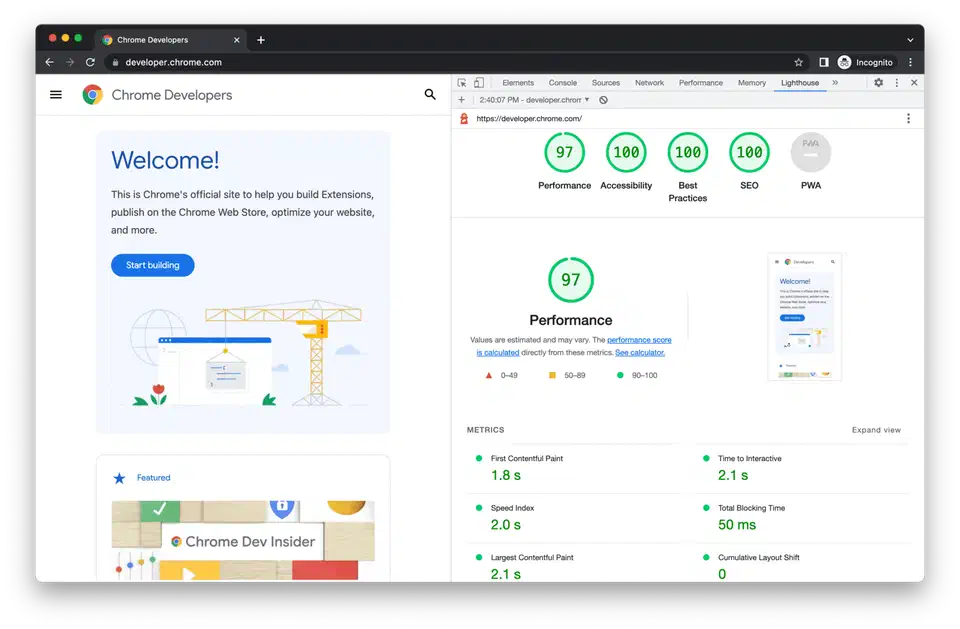 Lighthouse performance audit report displayed in Chrome DevTools showing scores and metric breakdowns