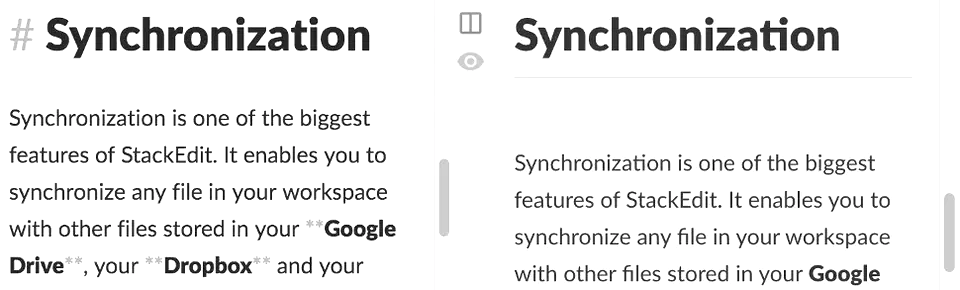 StackEdit scroll synchronization feature showing the editor pane and preview pane scrolling together