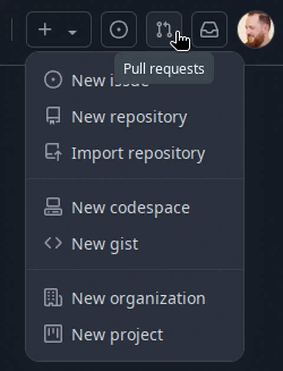 GitHub navigation showing an open dropdown menu alongside a tooltip, demonstrating how hint popovers coexist with auto popovers without closing each other