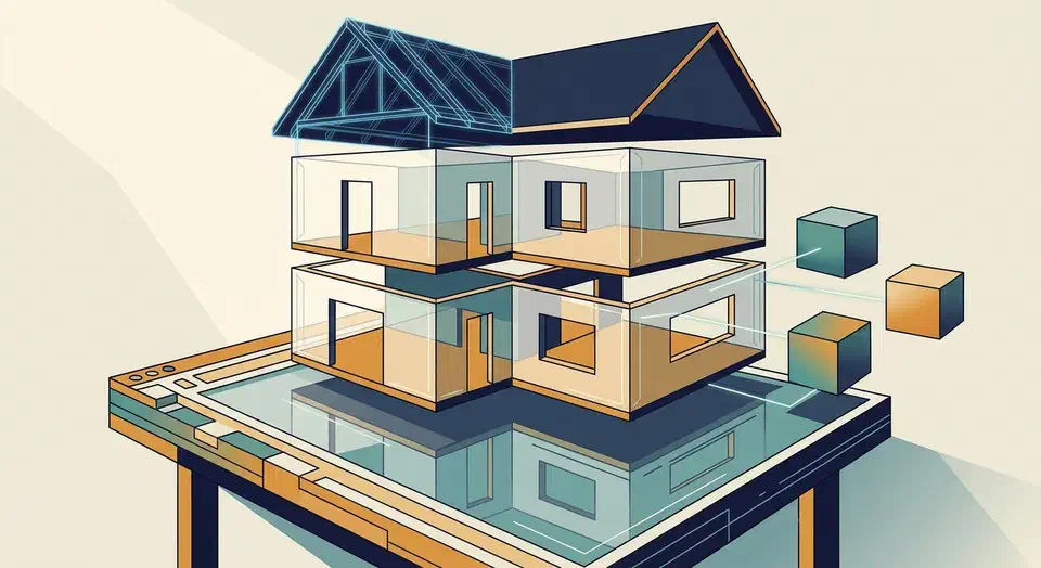 Exploded cutaway of a two-storey house with translucent walls and door openings floating above a stylised browser window