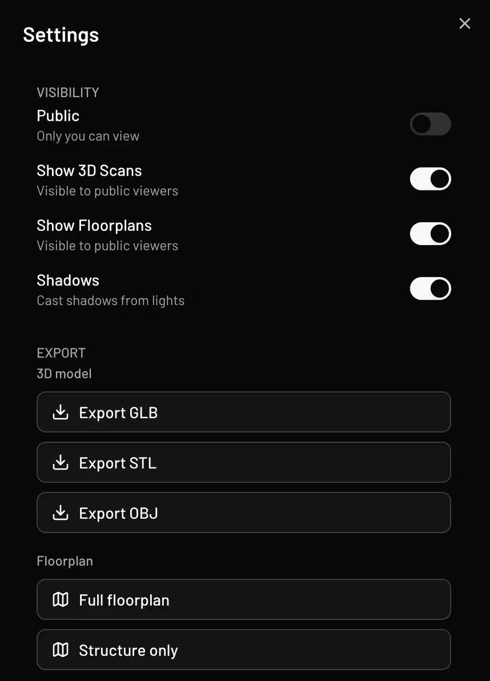 Export section of the Pascal settings panel listing GLB, STL, and OBJ download buttons with floorplan PDF options below