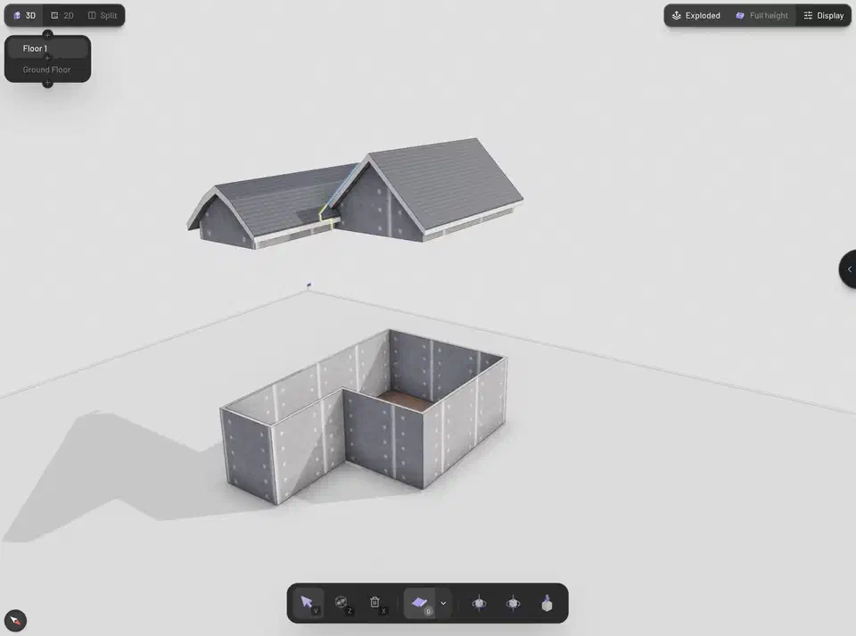 Two-storey Pascal building shown in stacked, exploded, and single level view modes side by side