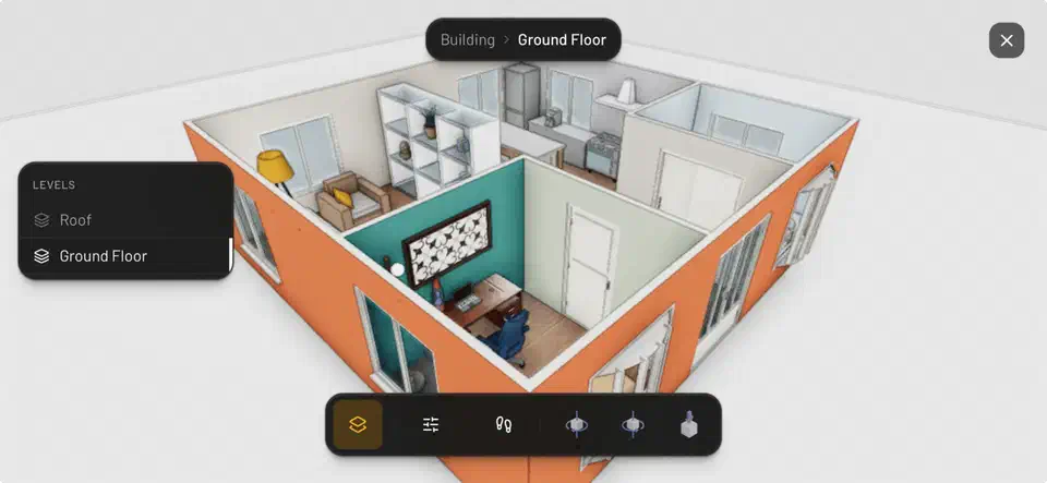 The Pascal viewer running inside the Pascal Capture iOS app, showing a scanned room rendered as building geometry on a phone screen