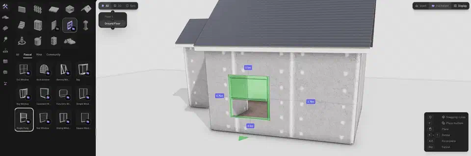 Pascal window preview snapping onto a wall and cutting a rectangular opening straight through the wall solid