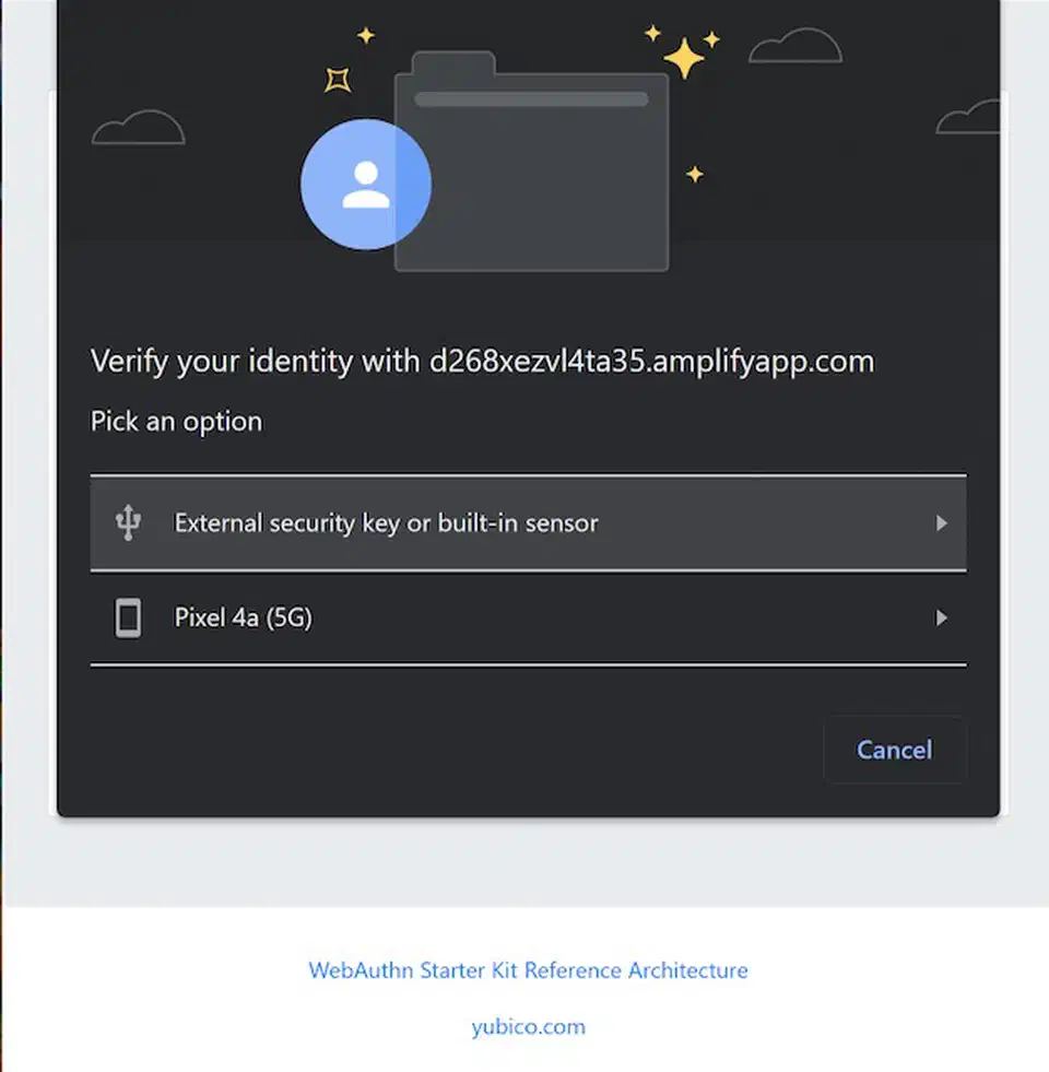 Chrome passkey autofill dropdown showing a stored passkey suggestion under the username field, above a biometric prompt