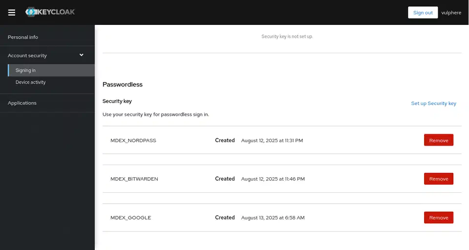 Keycloak security settings page listing registered WebAuthn security keys with created date, label, and transport columns