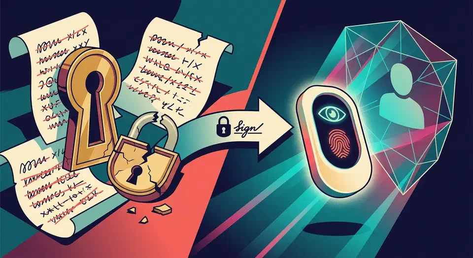 Smartphone showing a fingerprint and face-ID prompt next to a titanium USB-C hardware security key on a dark surface