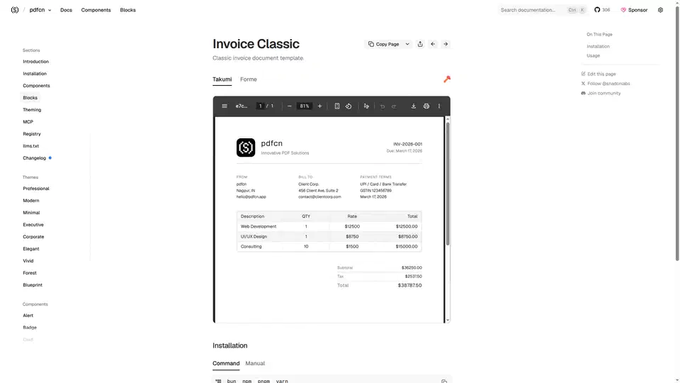 Classic invoice block rendered as a PDF page with billing addresses, a three-row line-item table, and a total of $38,787.50