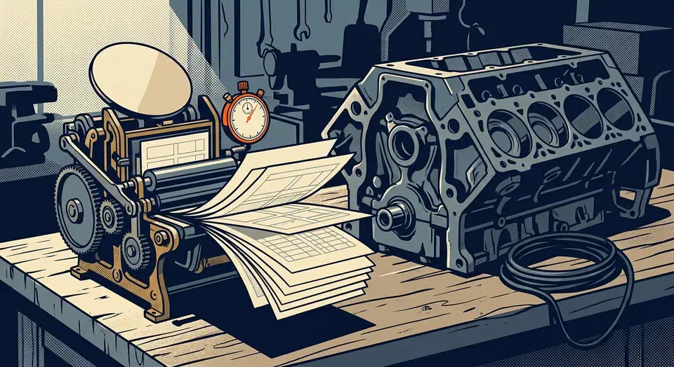 A small brass printing press stamping invoice sheets beside a cold, unplugged cast-iron browser engine block