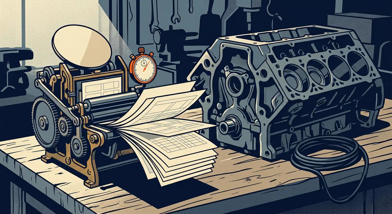 A small brass printing press stamping invoice sheets beside a cold, unplugged cast-iron browser engine block