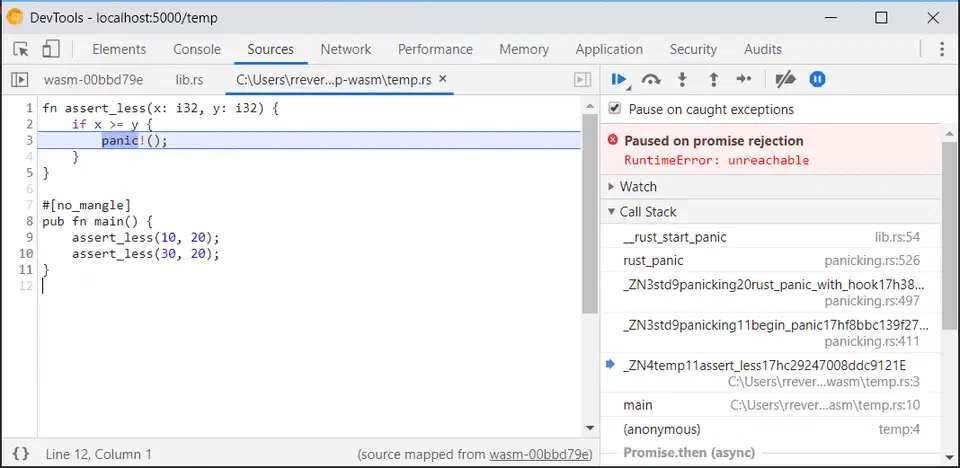Chrome DevTools showing WebAssembly source-level debugging with DWARF information, displaying original source code and breakpoints