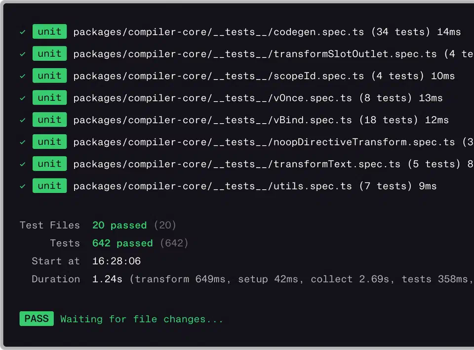 Vitest terminal output showing test suite results with pass/fail indicators and execution timing