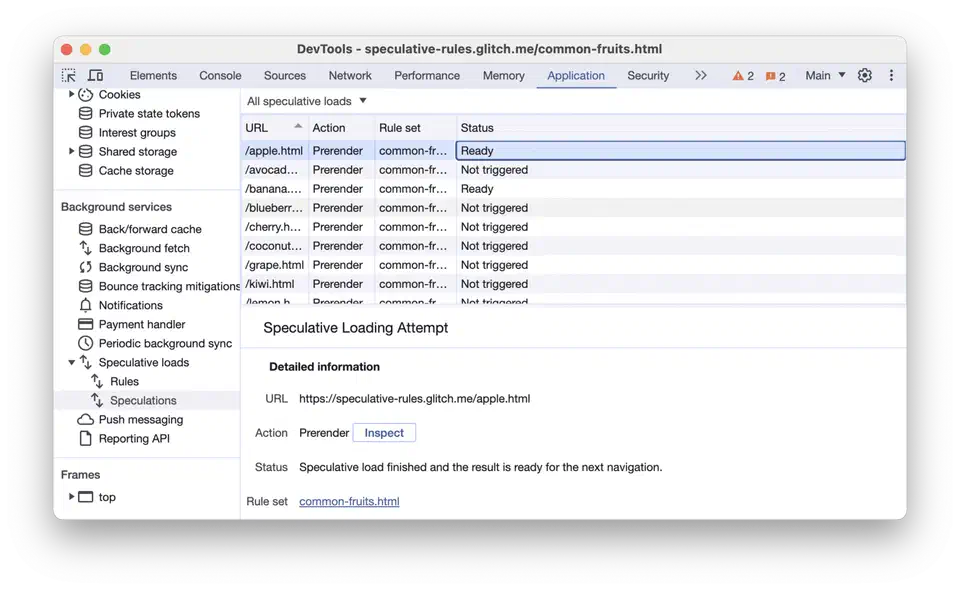 Chrome DevTools Speculative loads tab listing document-rule URLs with Ready status after the browser scanned anchors and applied the where predicate