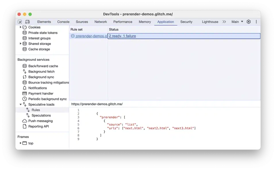 Chrome DevTools Application panel showing the Speculative loads section with a prerender rule set and its candidate URLs