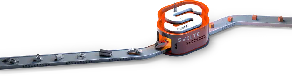 Illustration of the Svelte compiler machine taking component source code and outputting packaged runtime code