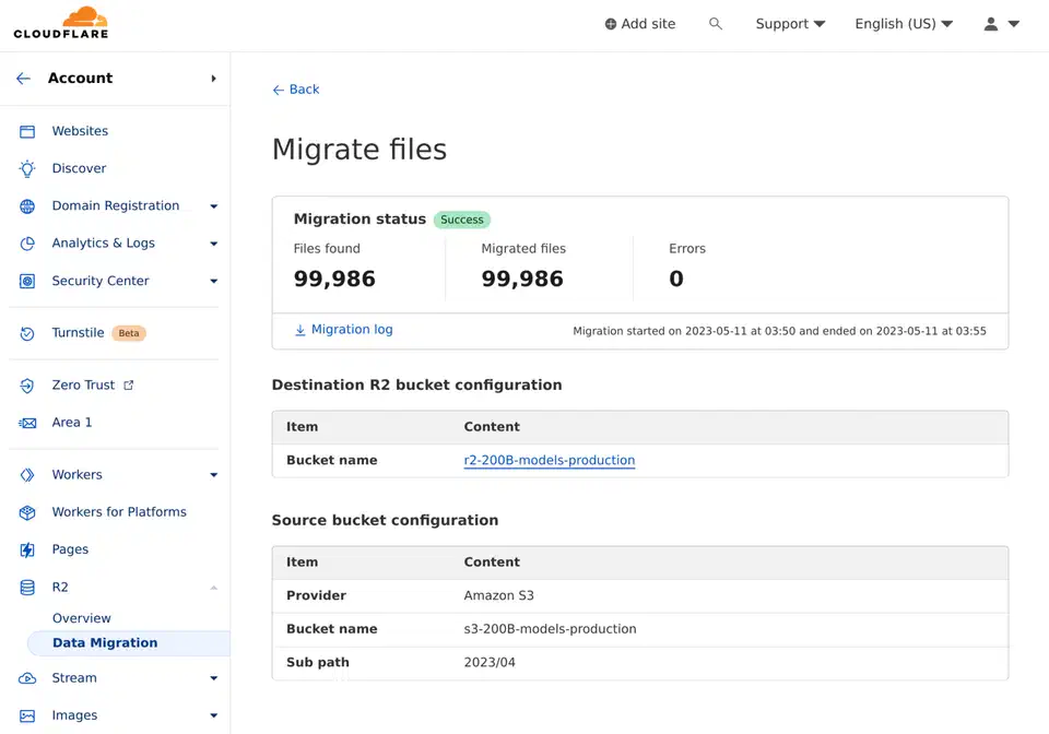 Cloudflare R2 Data Migration page showing a finished Super Slurper job that copied 99,986 files from an Amazon S3 bucket with zero errors