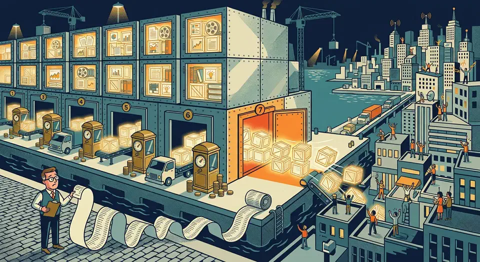 Harbor warehouse of storage vaults with coin-metered toll gates and one open orange gate sending crates freely to a city
