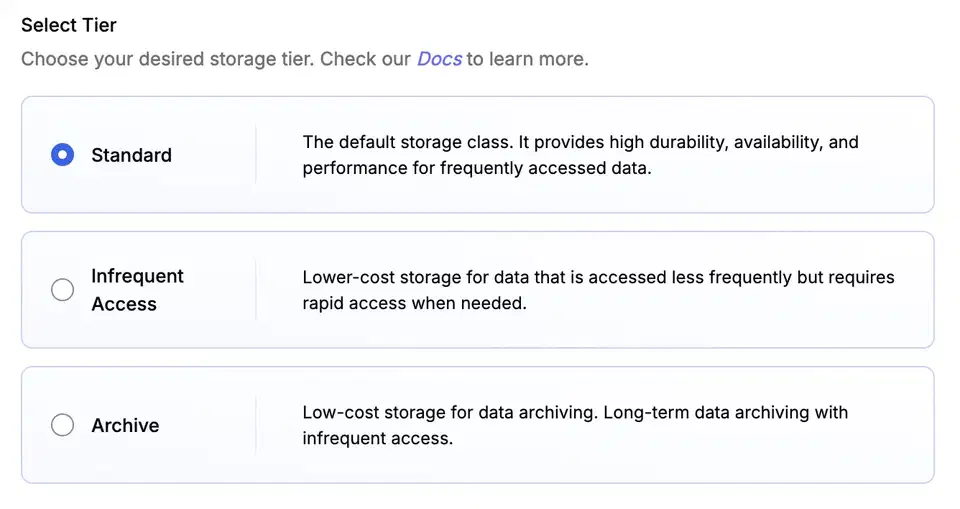 Tigris dashboard tier picker with Standard selected and Infrequent Access and Archive as the other options