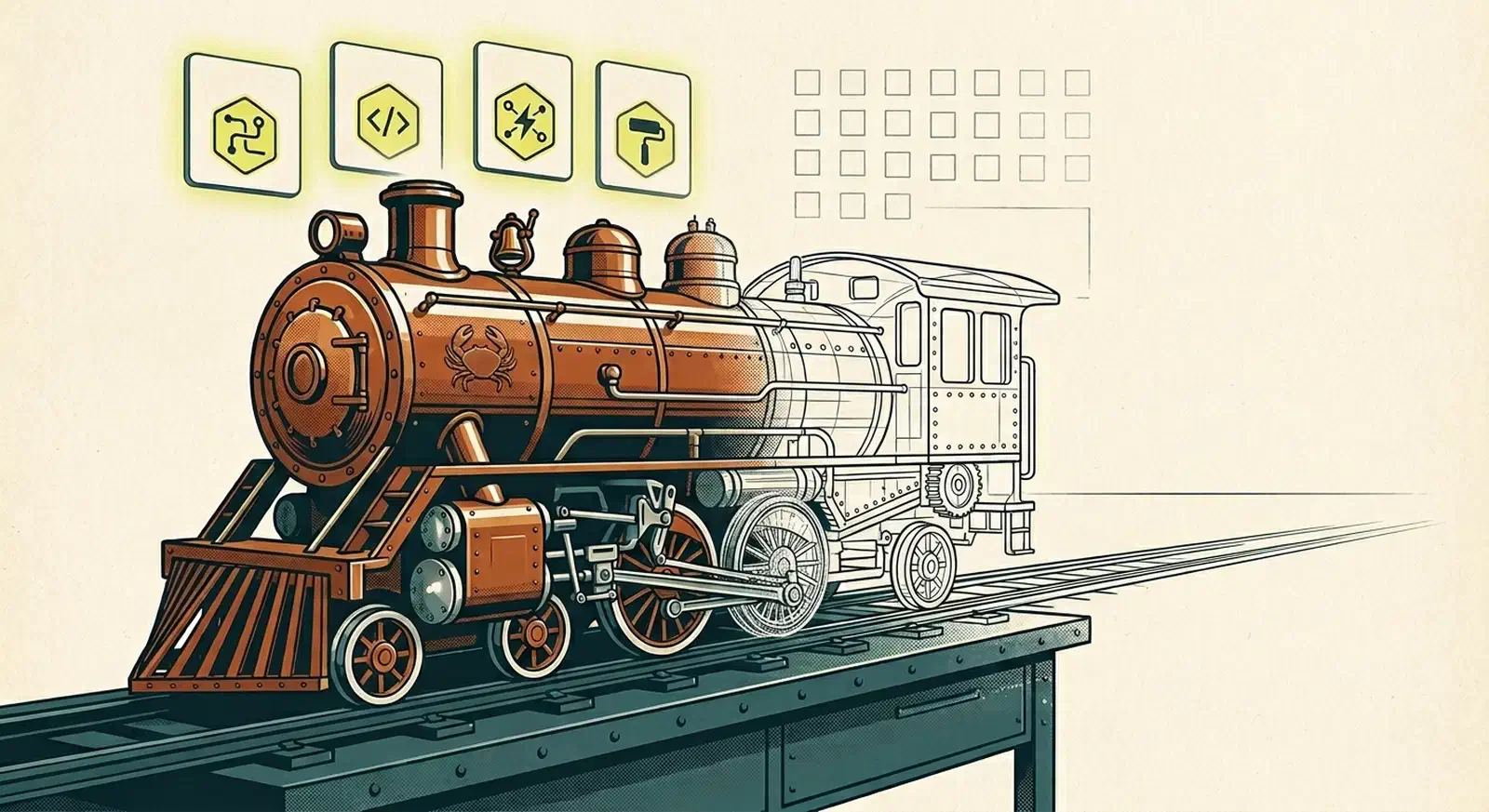 Half-built copper locomotive with a crab emblem on a workbench, its rear half still a wireframe outline beside a grid of empty checkboxes